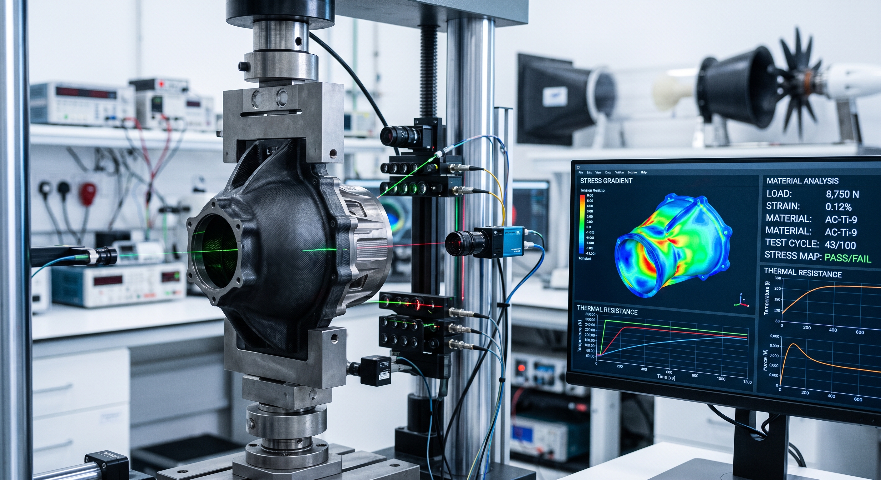 Advanced material analysis and stress testing of mechanical housings for aeronautical systems.