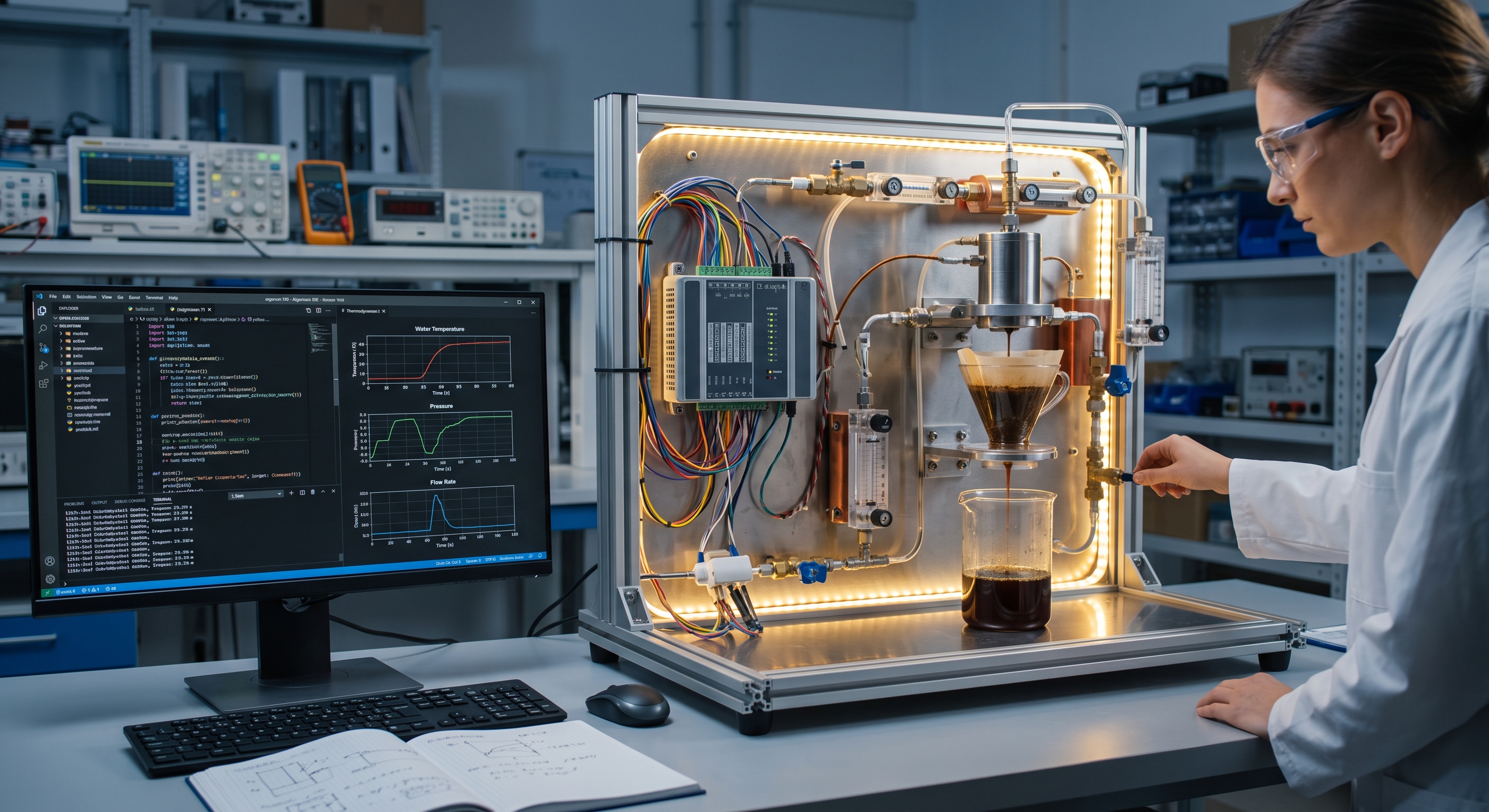 Advanced test platform hardware and algorithmic code used for validating innovative coffee brewing technology.