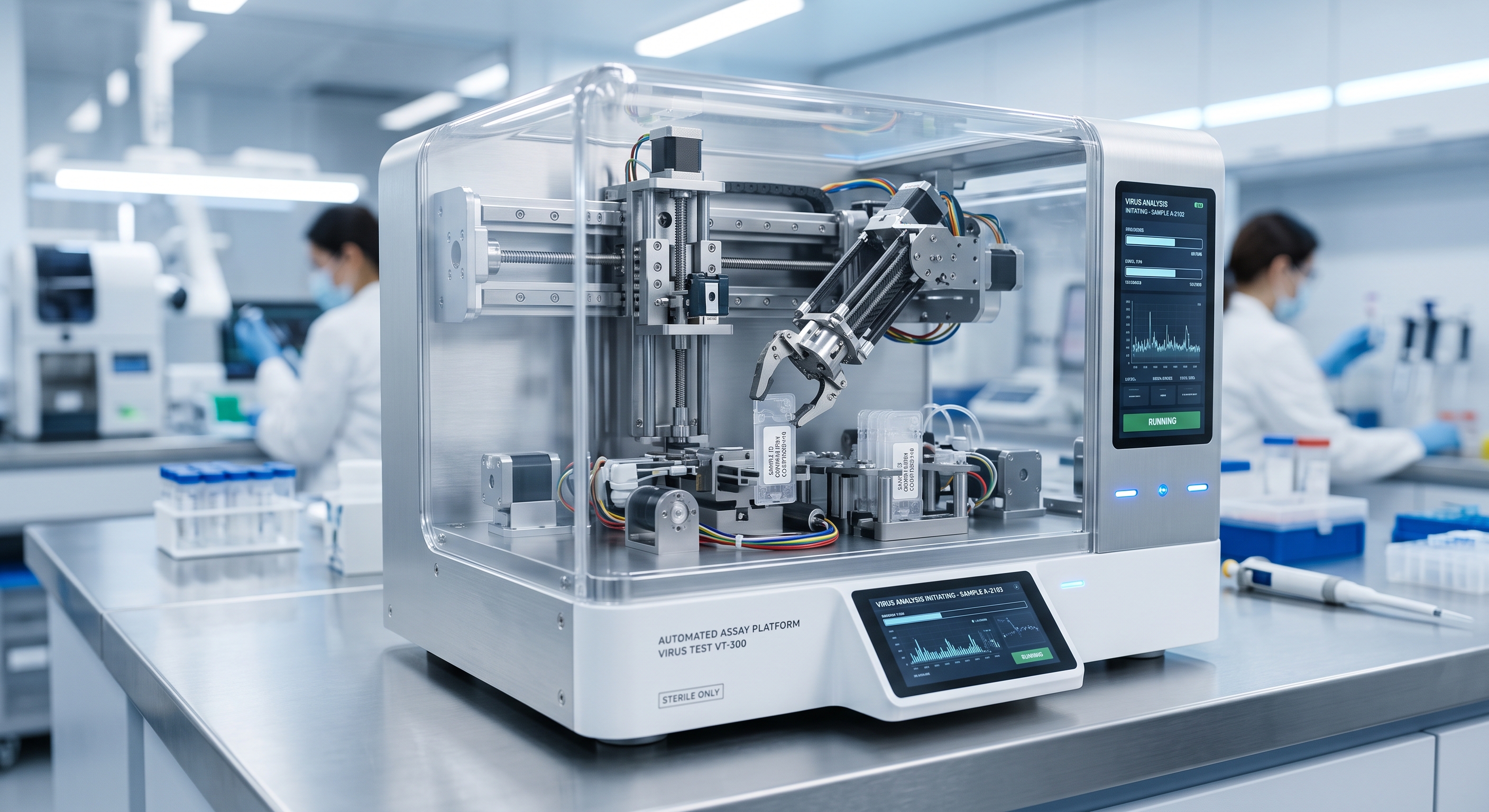 Automated biological sample handling subsystems designed for virus testers to eliminate manual material handling.