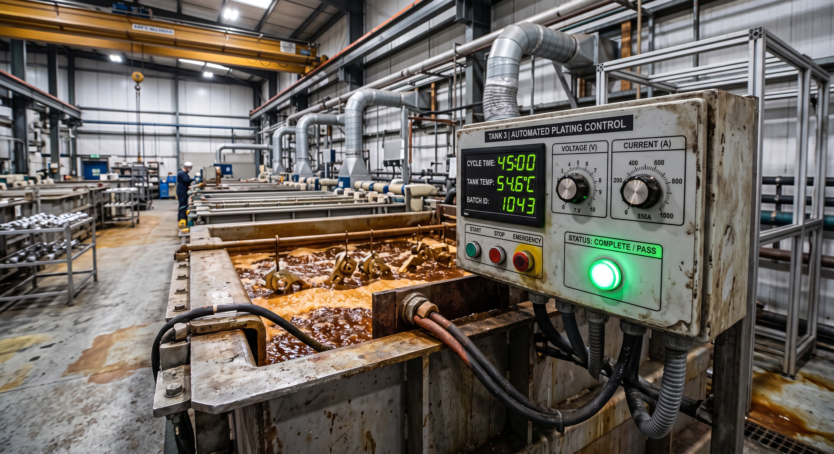 Automated controller boxes timing and regulating chromium plating tank processes for consistent thickness.