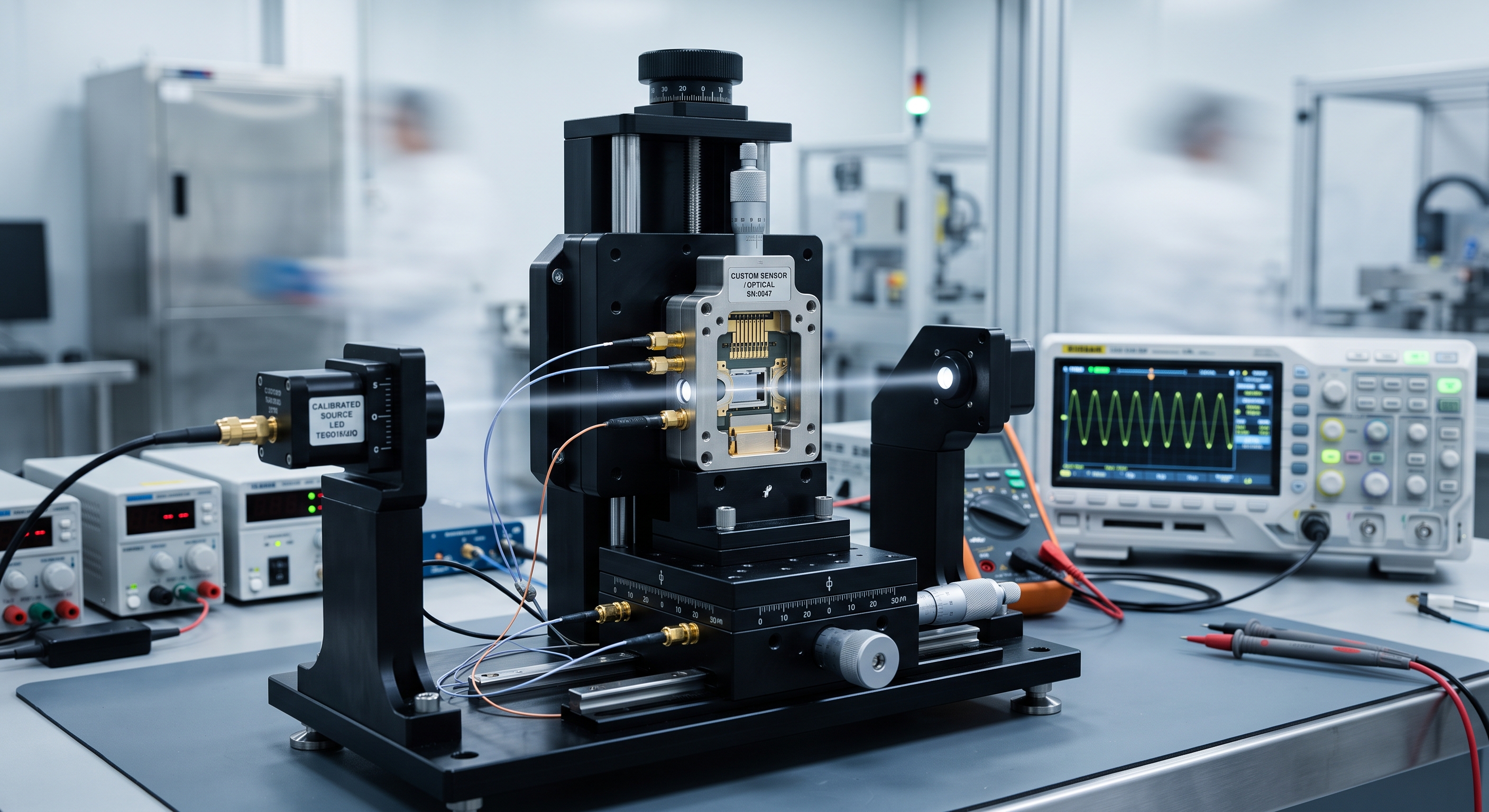 Custom benchtop tester validating electro-optical functional coverage for transmissive optical sensors in a cleanroom environment.