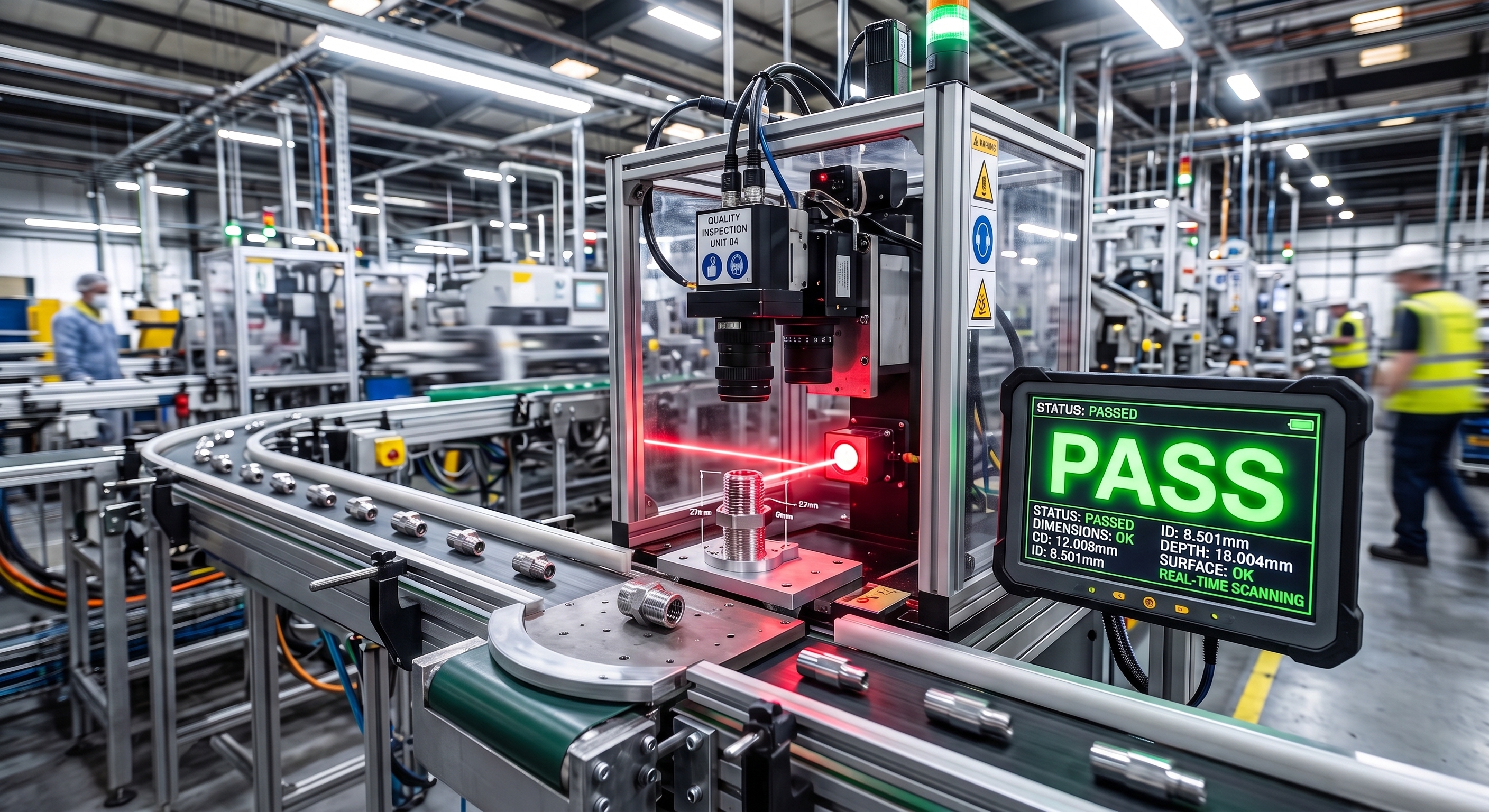 Camera-based end-of-line automated production quality tester evaluating mechanical fittings with pass/fail feedback.