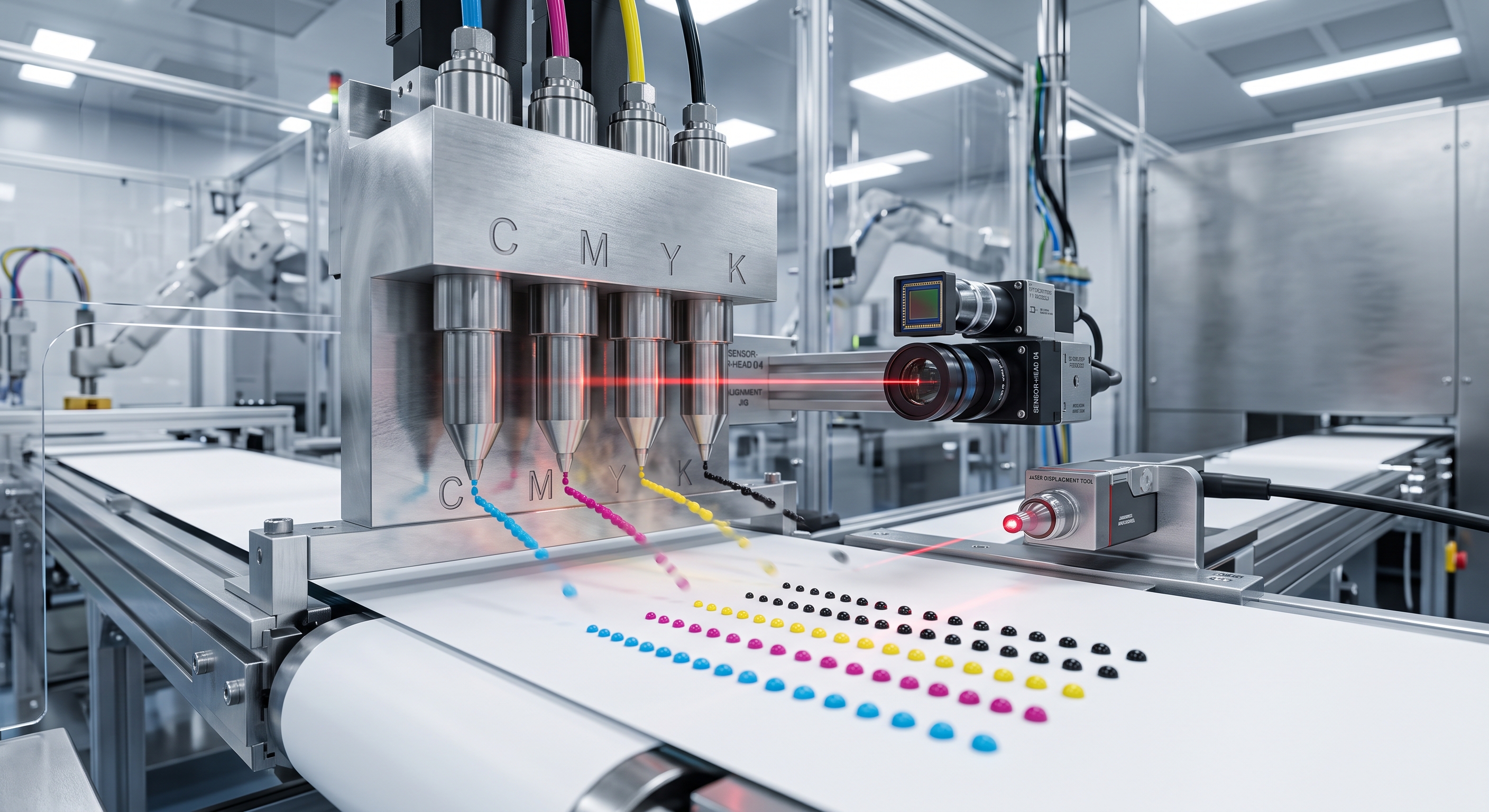 In-line liquid ink testing system dispensing and measuring a matrix of hydraulic ink chemistries.