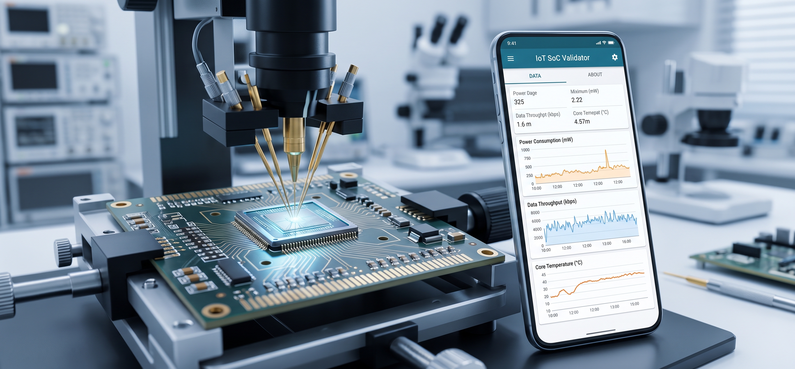 Scalable hardware test platform and mobile application for IoT System-on-Chip functional validation.