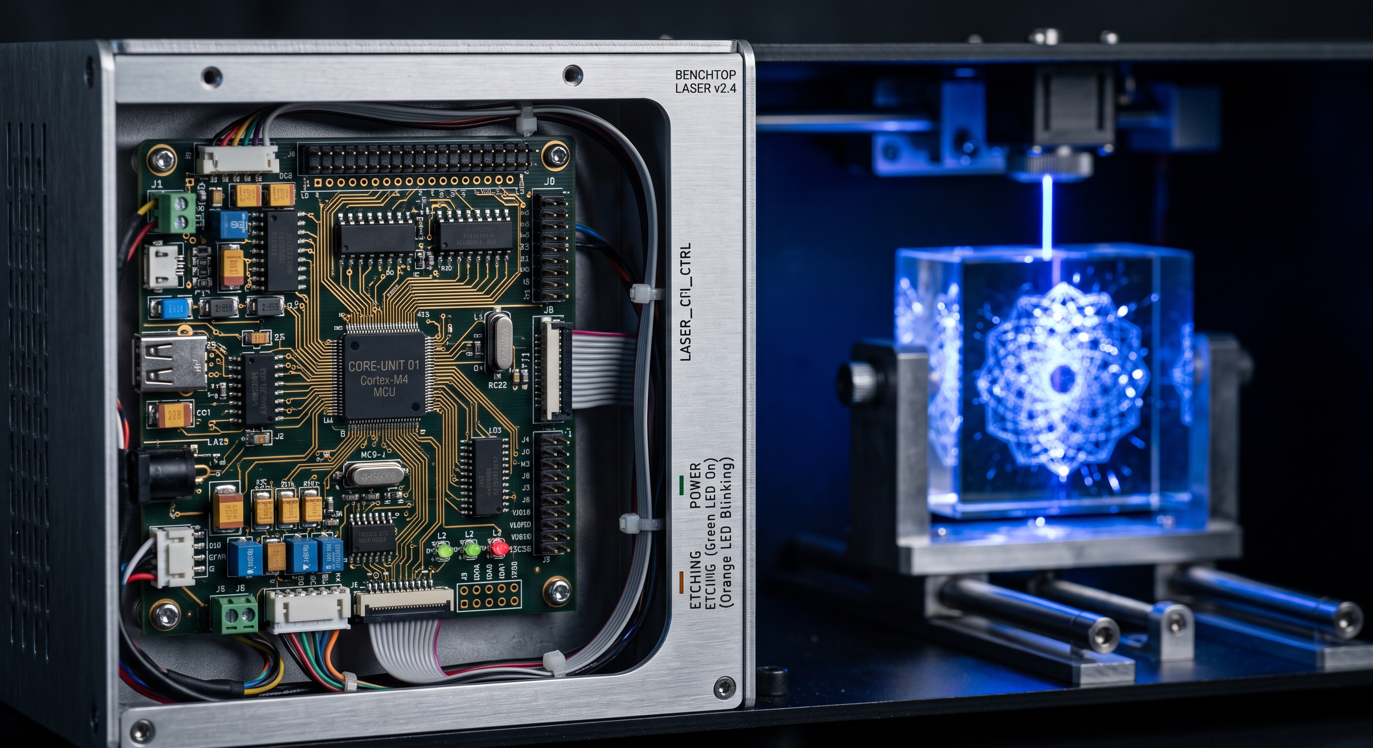 Custom electronic printed circuit boards (PCBs) powering a benchtop laser etching machine.