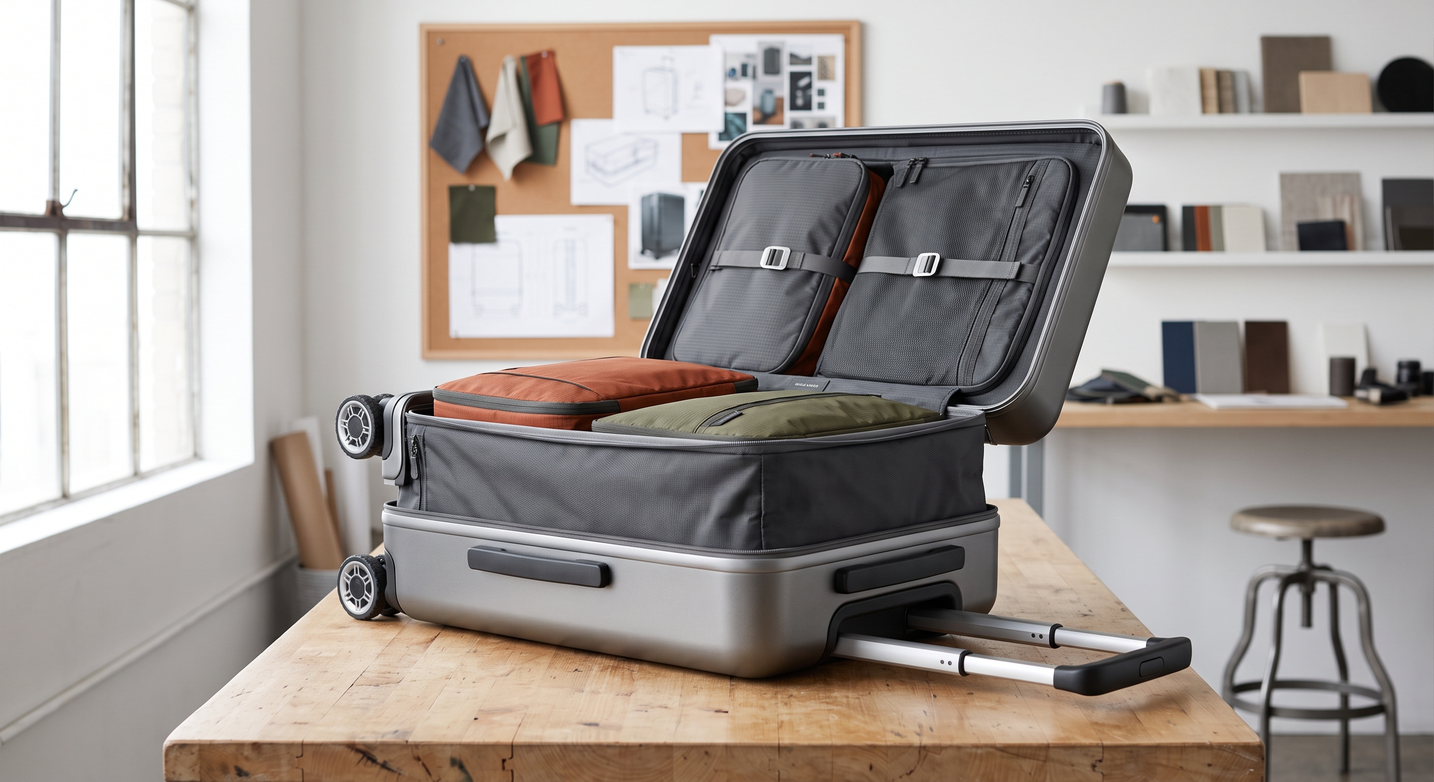 Multi-function luggage prototype showcasing first-generation New Product Introduction design.