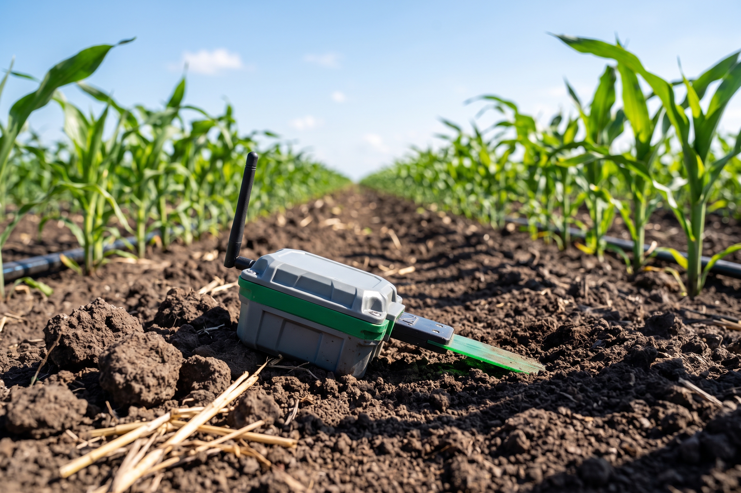 Rugged wireless sensor modules deployed for real-time agricultural soil moisture monitoring and telemetry.
