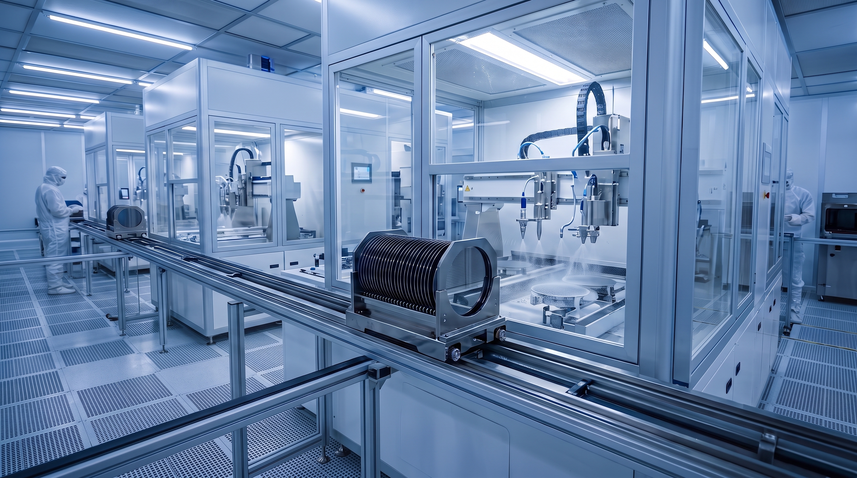 Automated mechanical wafer carriers and chemical dispensing systems operating in a semiconductor cleanroom.