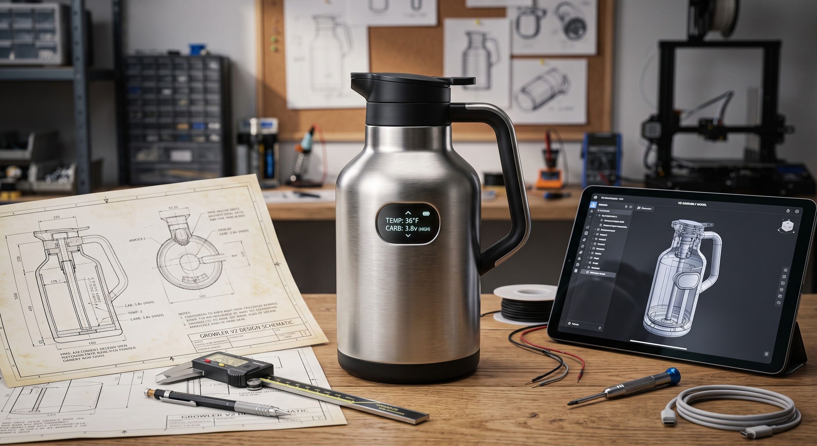 First-generation smart beverage growler with hardware designed for dating, carbonating, and temperature control.