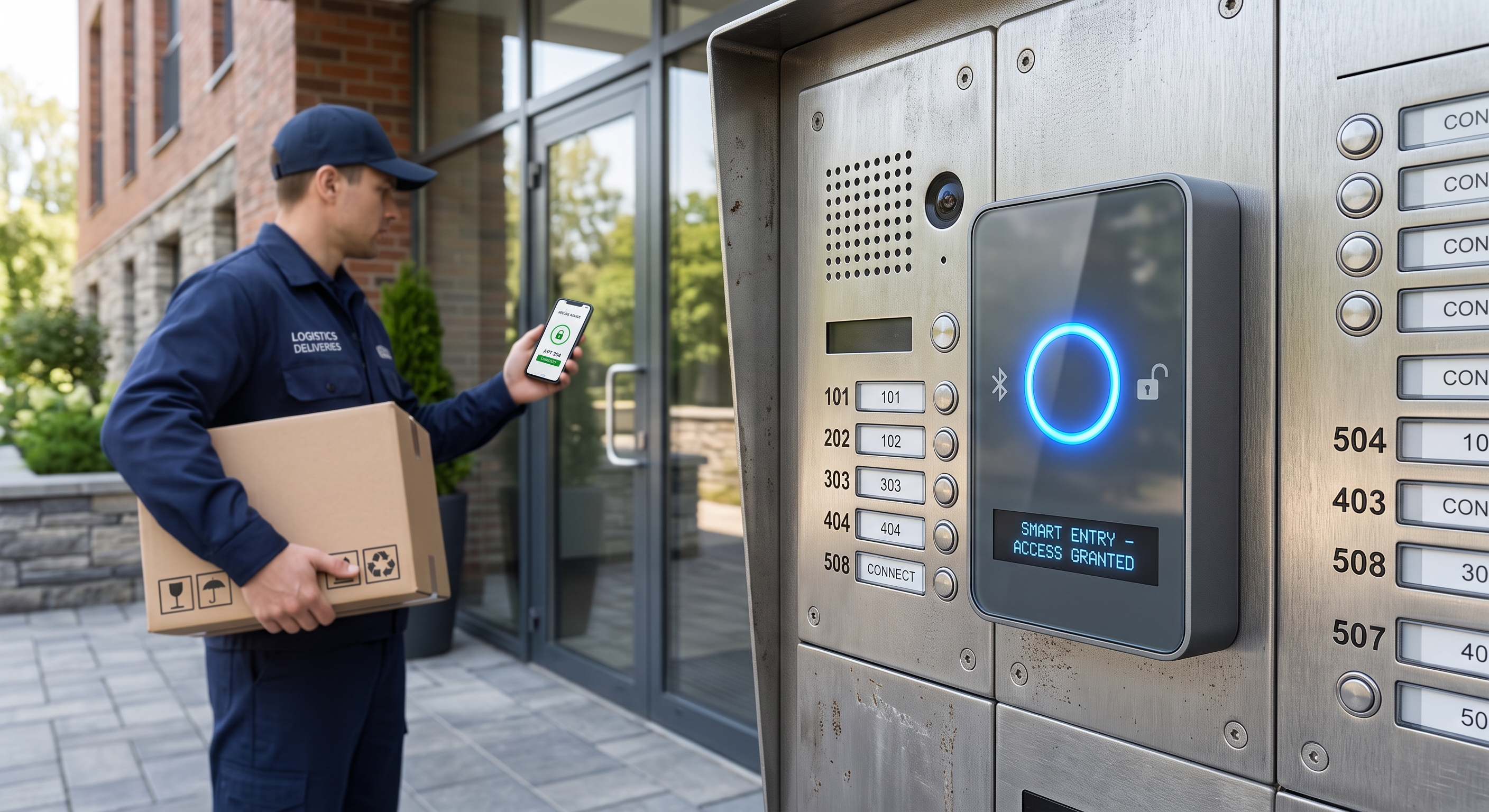 Wireless virtual key modules installed in multi-unit residential security systems to prevent package theft.