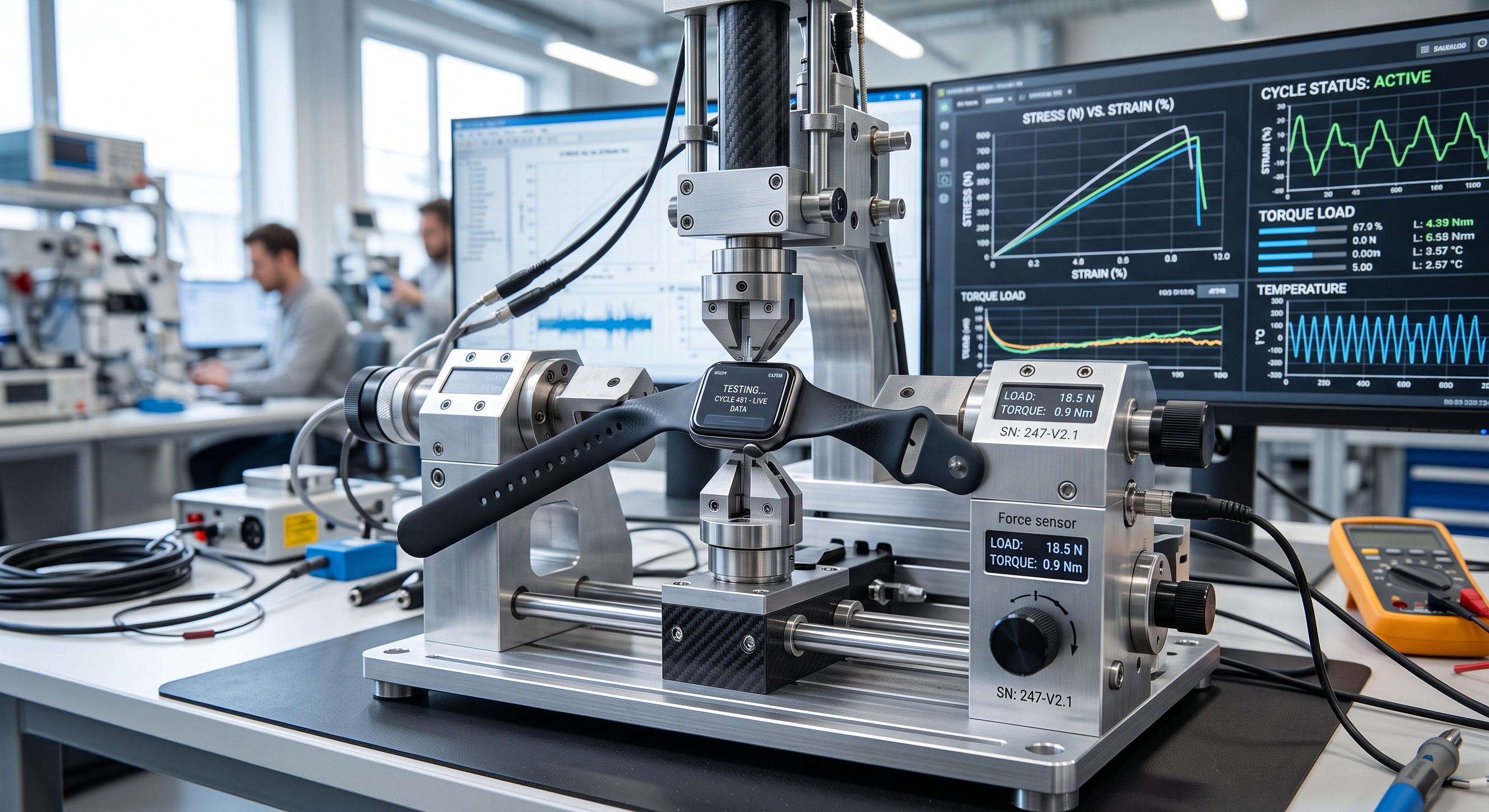 Benchtop mechanical stress reliability tester qualifying X, Y, Z, and theta stresses for wearable devices.