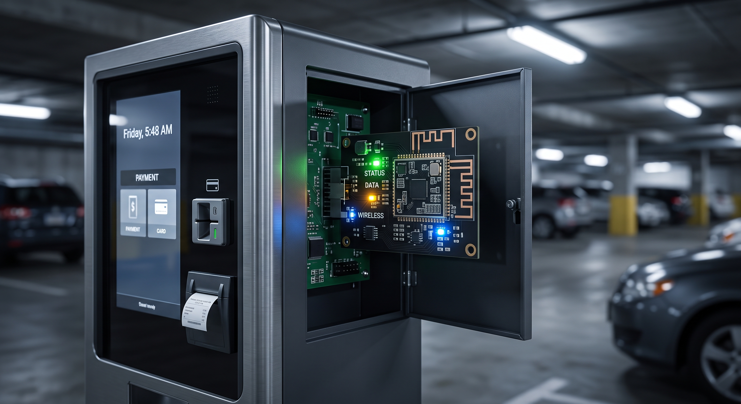 Custom wireless electronic modules integrated into self-pay parking kiosks to reduce garage operational overhead.